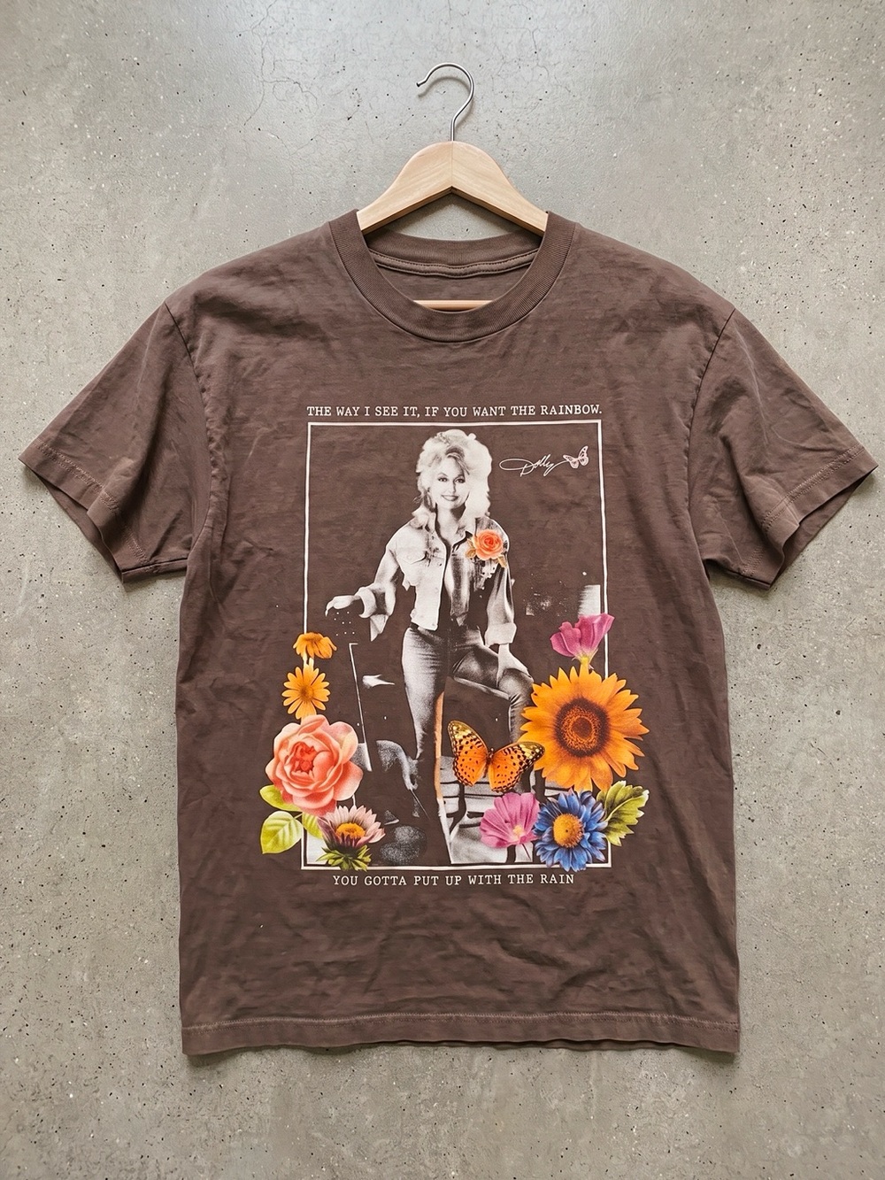 Dolly Parton Floral Quote Western Boho Graphic Tee Brown Cotton Shirt